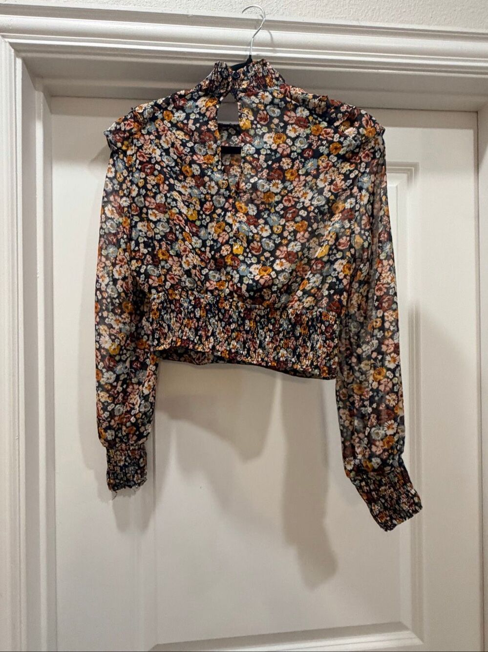 Zara Floral Smocked High Neck Long Balloon Sleeve Crop Blouse Top Size Small S